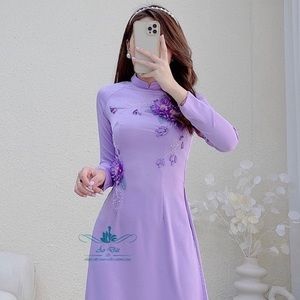 Purple Women’s Vietnamese Ao Dai Silk Traditional Dress with 3D Flowers